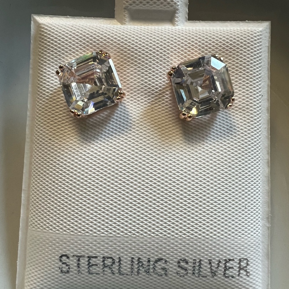 Sterling Silver Square Stud Earrings 7mm Rose Gold Emerald Cut